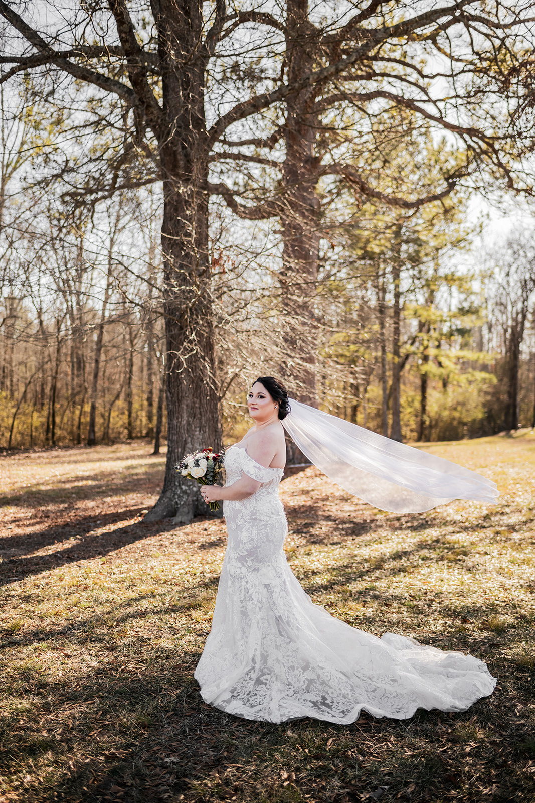 Annie looks back over her shoulder in lace at Covey Creek for Annie & Will, veil billowing across a sunlit winter clearing.
