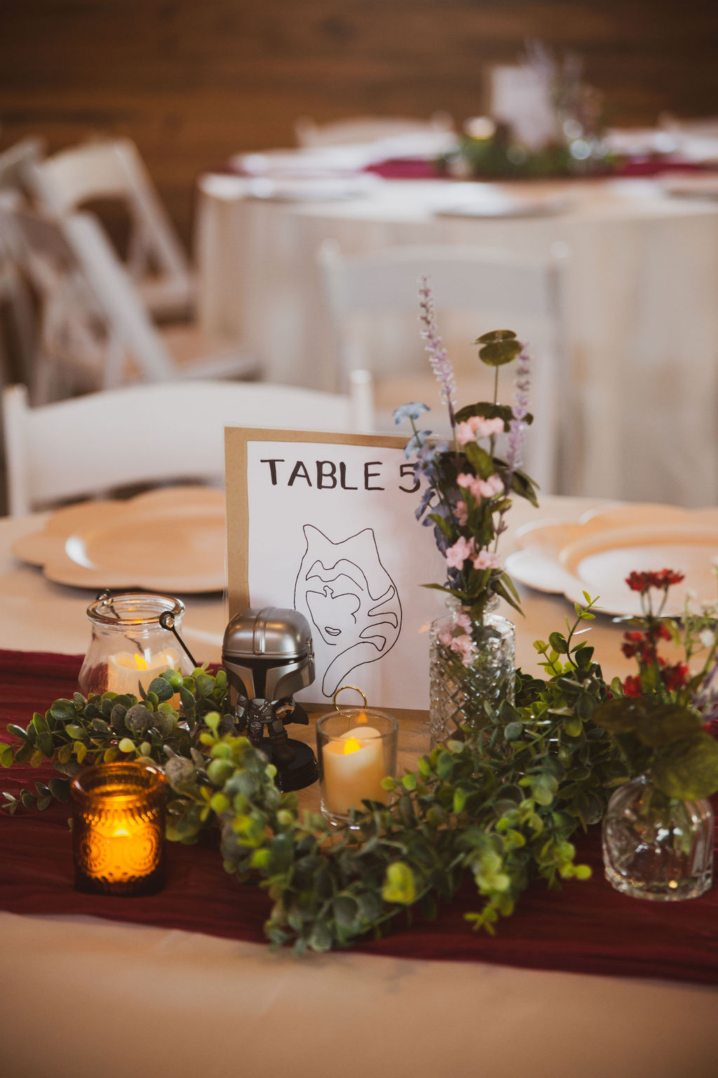 Star Wars Table 5 centerpiece with Ahsoka art and Mandalorian for Jen & Alec at Covey Creek