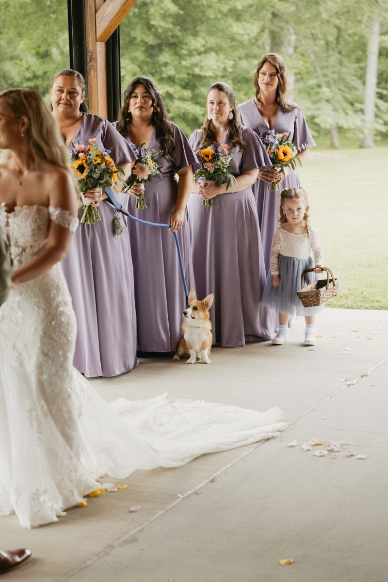 Beside Brianna & Michael's ceremony, lavender bridesmaids, a corgi, and a flower girl gather under Covey Creek beams.