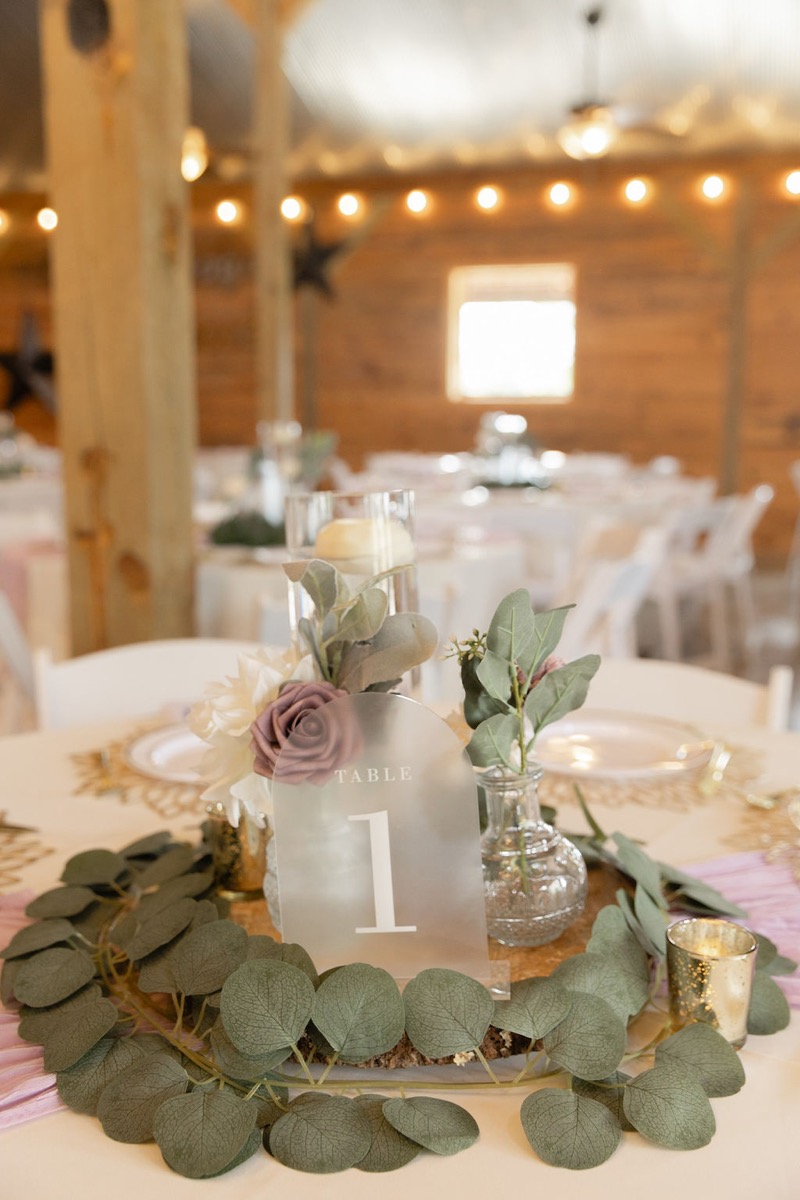 Frosted Table 1 sign with eucalyptus and dusty rose at Courtney & Brett reception inside Covey Creek