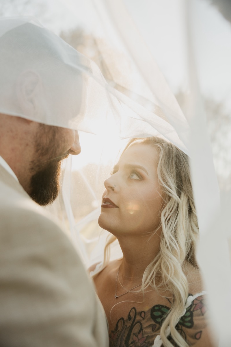 Danika & Troy share a close gaze under her sunlit veil in a wooded portrait at Covey Creek
