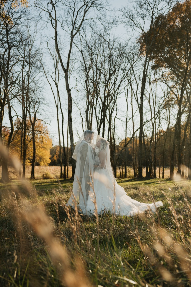 Danika & Troy stand face to face wrapped together under her sheer sunlit veil at Covey Creek