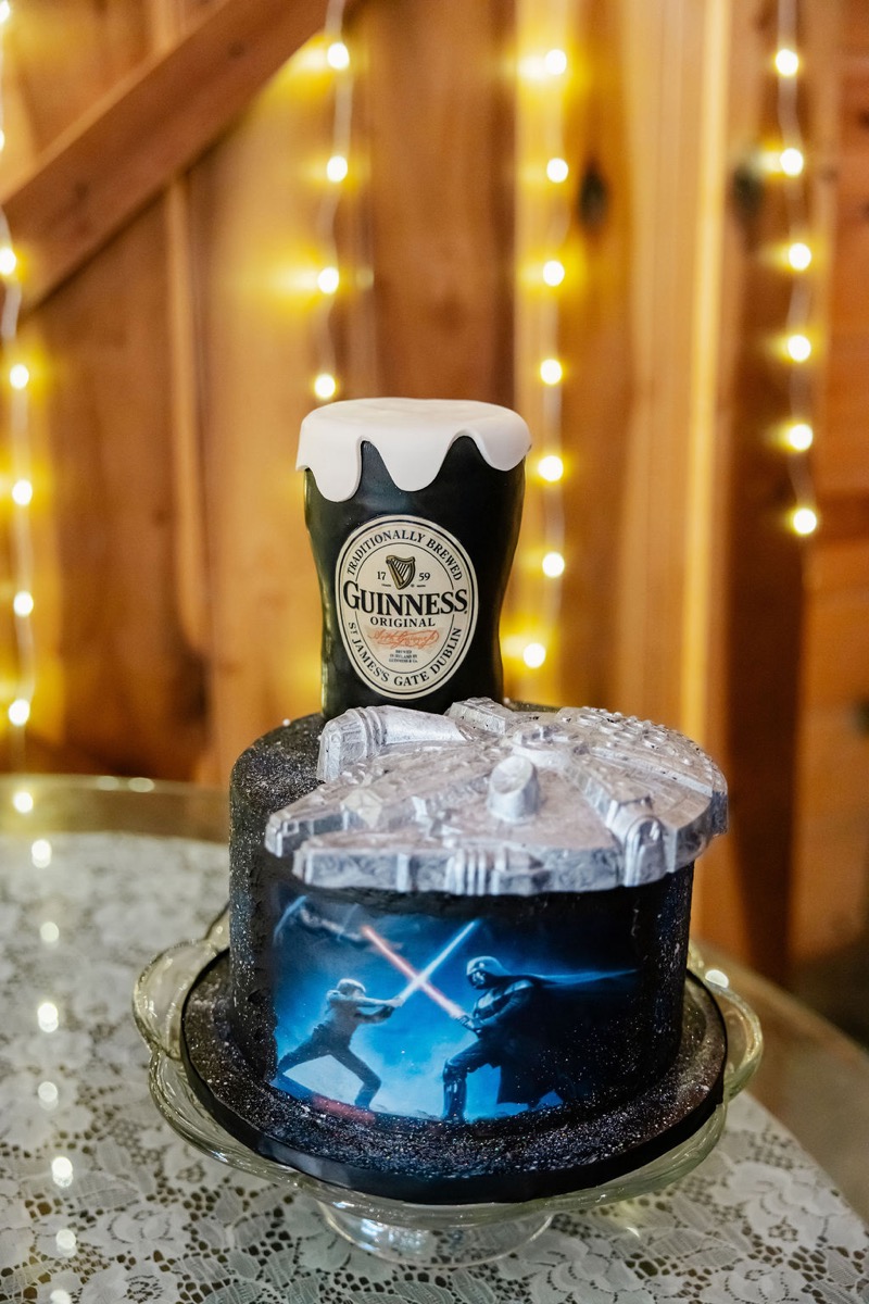 Kolbe & Nathan's groom cake with Star Wars duel, Millennium Falcon, and Guinness top at Covey Creek