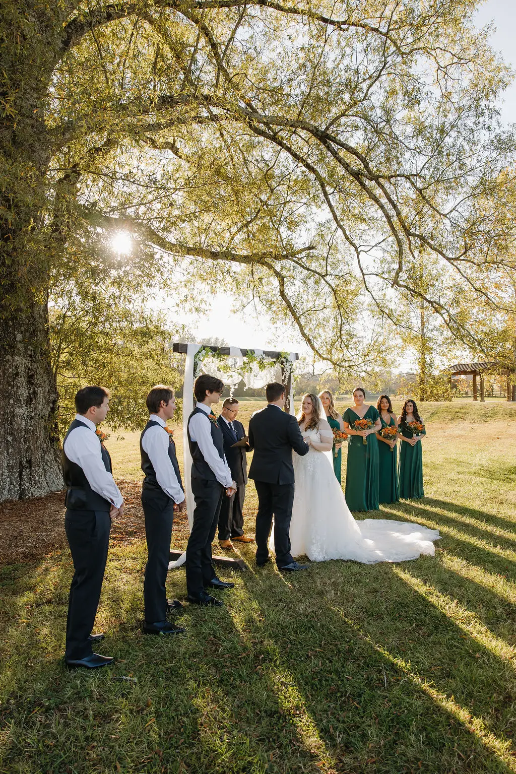 Rebecca & Troy exchange vows under a draped arbor beneath a large tree at Covey Creek, wedding party beside them.