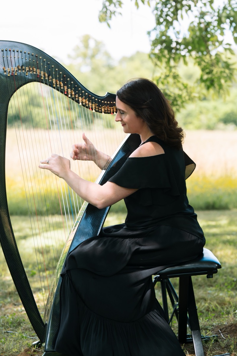 A harpist in black plays a modern black harp beside wildflowers for Kyley & Nick at Covey Creek