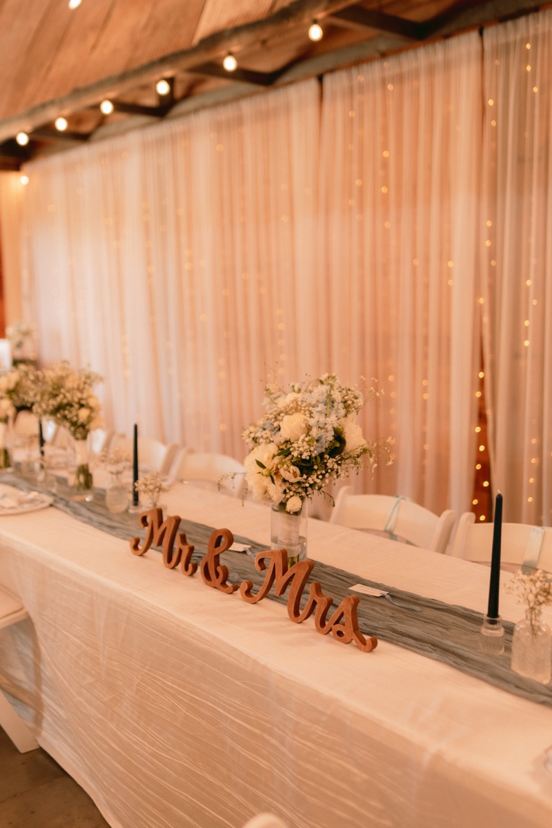 Rachel & Ben's indoor reception head table with Mr. & Mrs. sign, florals, and candles at Covey Creek.